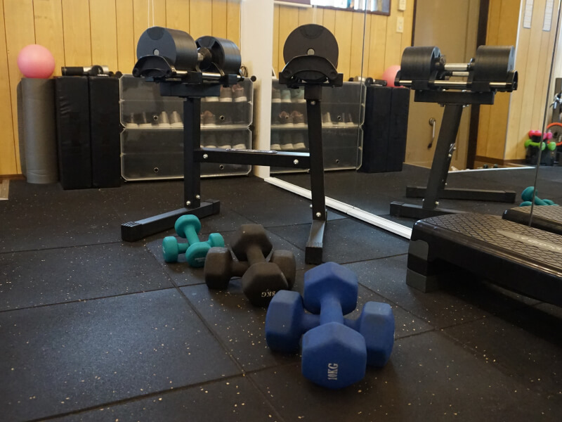 ジムの内部にある様々なダンベル。